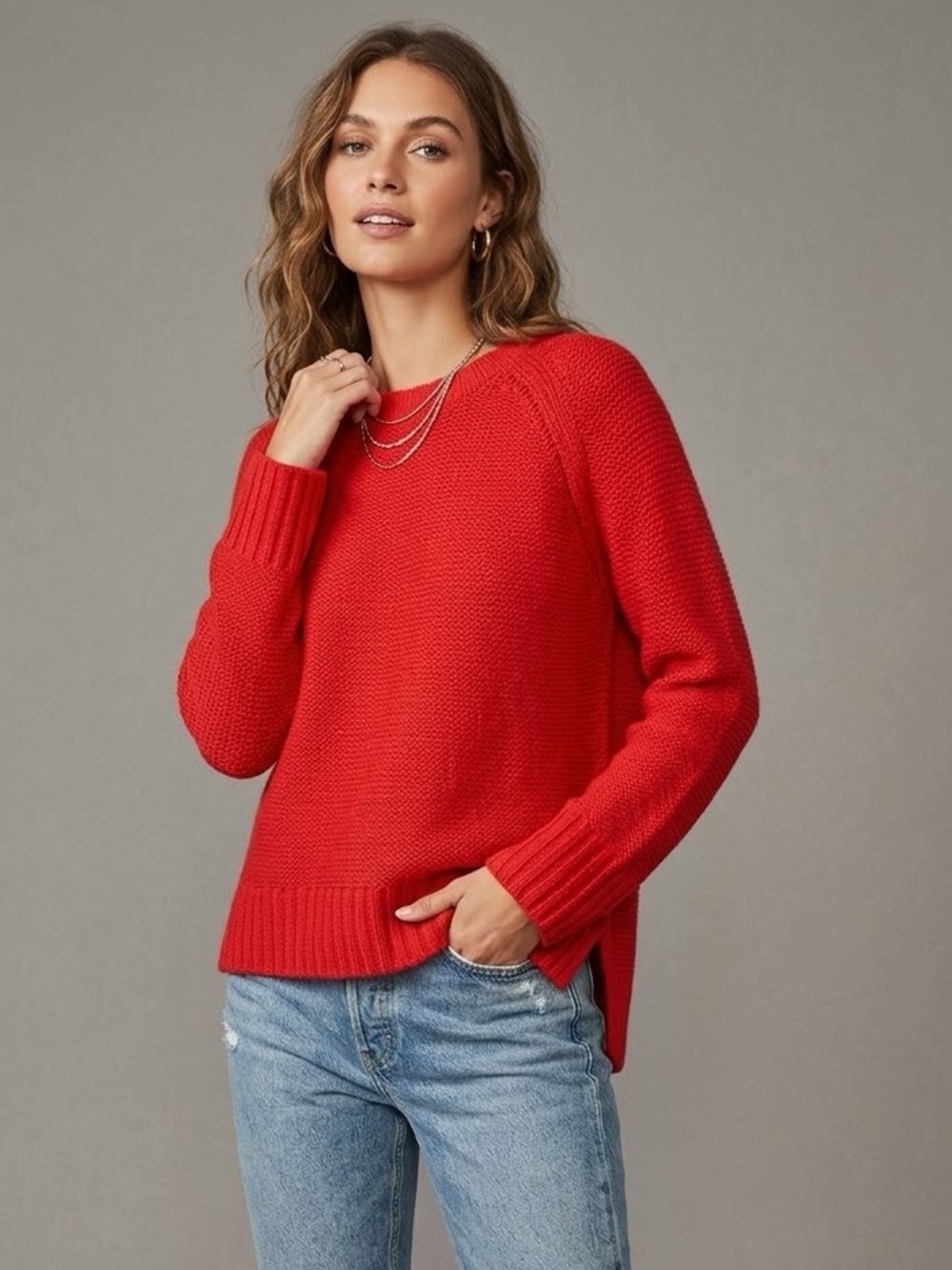 H&M Mohair Blend Red Sweater Women M Pullover Back Zip High Low Knit Top